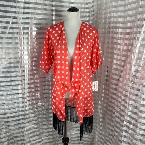 Lularoe Coral/White Polka Dot Black Fringe Kimono - Picture 1 of 7